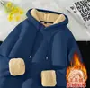 Sudadera de Cuello Redondo de Lana de Cordero para Hombre Invierno Juvenil Engrosada Cálida Color Sólido Sudadera con Capucha Talla Grande Abrigo Holgado