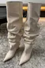 Botas de mujer de alta calidad, botas largas, botas por encima de la rodilla, botas de caña alta con punta, fruncidas y holgadas, piel de vaca por dentro y por fuera, suela de cuero genuino, tacón alto de 7 cm, blanco