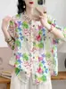 Camisa de Lino con Estampado Floral Pequeño Estilo Retro Artístico de Manga Media, Top Casual Holgado Elegante para Mujer