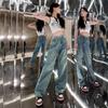 Foto Real de Pantalones Rectos de Pierna Ancha Adelgazantes de Ajuste Holgado Estilo Americano para Primavera y Otoño 2026, Jeans Retro de Cintura Alta hasta el Suelo para Mujer