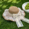 Chapéu de Palha de Praia Verão Litoral Aba Larga Proteção Solar Chapéu Bucket Feminino Laço Renda Moda Viagem Chapéu de Sol