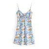 Exclusivo Transfronteiriço Novo Estilo Francês Estampa de Margarida Cadarço Laço Sexy Slim-fit Decote V Alça Vestido Longo