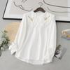 Camisa Blanca de Manga Larga para Mujer Talla Grande Estudiantes, Bordado Artístico y Fresco de Flor de Crisantemo Silvestre, Cuello de Muñeca de Algodón Suelto, Camiseta Básica