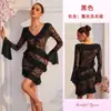 Minivestido de encaje transparente estilo europeo y americano Feyun, escote en V, detalle de lazo, dobladillo con volantes, mangas largas acampanadas, vestido sexy de fiesta 1230