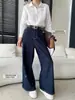 Cisnann Outono Novo Vintage Jeans Azul Escuro de Cintura Alta Solto de Perna Larga com Caimento para Figuras Tipo Pera SN9259