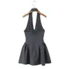 Vestido de Terciopelo con Lunares, Estilo Nuevo de Moda Europea y Americana 2026, Elegante para Mujer, Ajustado, Fruncido en la Cintura, Cuello Halter