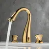 Grifo de lavabo de estilo europeo de doble orificio de cobre puro, juego de tres piezas de dos manijas tipo dividido de tres orificios para lavado de manos y cara