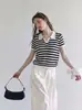 Top de verano para mujer, tejido de punto, manga corta, cuello polo a rayas de color contrastante, estilo retro francés, ligero, con caída, casual, corte holgado