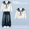 Sudadera azul marino con cuello dulce y preppy para el día a día, nueva colección primavera/otoño, pantalones de mezclilla de moda y únicos, conjunto de dos piezas para niñas