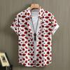 Camisa Casual Masculina de Verão Flor de Lótus Vermelha Estampa Digital Roupas Masculinas de Comércio Exterior Camisa Masculina de Manga Curta 2024