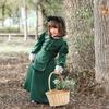 Vestido Largo Retro de Manga Larga para Niños de Estilo Europeo Verde Oscuro Encaje Puño Sombrero de Murciélago Libre Vestido Personalizado para Padres e Hijos