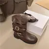 Botas Vaqueras de Mujer con Solapa, Nuevo Modelo 2026, Estilo Coreano, Empeine de Piel, Hebilla de Cinturón, Caña Alta, Doble Uso, Acabado Desgastado, Tacón Grueso