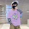 Camiseta de manga larga suelta de algodón puro para niños, camiseta interior de otoño para niños, estampado de dibujos animados, empalme de moda, camiseta de rayas