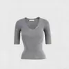 Suéter de malha com decote em V estilo francês, manga três quartos, moda feminina, nova coleção verão 2026, top blusa base slim fit