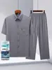 Verão Seda de Gelo Meia-idade e Idosos Pai Masculino Elástico nas Quatro Lados Bolso Bordado Manga Curta Camisa Top Traje Casual