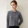 Cárdigan de punto con cuello polo 100% cachemira para otoño e invierno, suéter de manga larga para mujer, camisa de punto con cuello de solapa, top