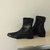 Botas femininas justas ultra-elásticas estilo coreano, novas para outono e inverno, bico quadrado, zíper lateral, forro de couro, salto baixo, botas curtas elásticas