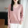 Suéter básico de punto con cuello en V 100% algodón para mujer, de manga larga, adelgazante, top tipo jersey verde, camiseta básica para otoño e invierno