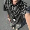 Camiseta Henley de Manga Corta a Rayas de Peso Pesado para Hombre Marca de Tendencia de Gama Alta Hombro Normal Manga de Cinco Puntas Verano Holgada Casual Manga Media
