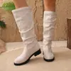 Comercio electrónico transfronterizo, talla grande, nueva colección otoño/invierno 2026, con tacón grueso, botas hasta la rodilla, estilo europeo y americano, modernas y versátiles, botas plisadas
