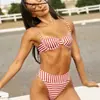 Bikini de Rayas Rojas y Blancas con Aros 2026 Nuevo Transfronterizo para Vacaciones en la Playa, Traje de Baño de Dos Piezas Dividido Europeo y Americano