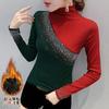 Camiseta de Malla con Diamantes Calientes de Moda Nueva para Primavera y Otoño, Top Sexy con Aberturas de Manga Larga para Mujer, Camiseta Básica de Cuello Semialto