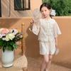 Traje de estilo nacional para niñas, verano 2024, nuevo conjunto de dos piezas de la dinastía Han china para niñas, pantalones cortos, estilo occidental.