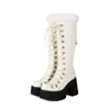 Botas de Couro Femininas Tamanho 35-44 Outono e Inverno, Bico Redondo, Couro Envernizado, Salto Alto, Plataforma Impermeável, Zíper Traseiro, Botas de Cano Alto Transfronteiriças Europeias e Americanas para Mulheres