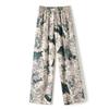 Calças de Gelo Chiffon Pintura a Tinta Estilo Chinês Novo para Mulheres, Estampadas, Casuais, Retrô, Soltas, Calças de Perna Larga Drapeadas com Estilo Pintura a Tinta