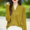Cárdigan fino de lana para mujer de principios de otoño, cuello en V, protector de cuello, suéter de punto de manga larga, corte holgado, color liso, top exterior versátil