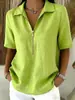 Camisa Casual de Manga Media para Mujer de Algodón y Lino de Color Sólido con Cuello Campana y Cremallera, Nueva Moda de Verano Europea y Americana 2026