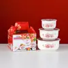 Conjunto de 3 potes de cerâmica para alimentos Ano do Cavalo com tampa, conjunto de presente de pote selado, lancheira, pequeno presente prático para reunião anual