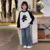 Moletom Color Block Manga Longa Estilo College Casual Infantil Versão Coreana Nova Moda Gato de Desenho Animado para Meninas Mais Velhas