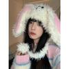 Gorro de invierno con bonito conejo de peluche, estilo japonés, grueso y cálido, con protección para las orejas de conejo, gorro Lei Feng de dibujos animados para mujer