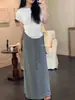 Falda Recta de Rayas Estilo Miu Vintage con Cordón y Cintura Elástica para Mujer, Moda Coreana de Verano Falda Sudadera Casual de Línea A con Abertura