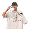 Nuevo Estilo Chino Estilo Nacional Top Básico Camiseta de Manga Corta para Adolescentes Estudiantes de Secundaria Hombres Suede Pesado Cuello Redondo Manga Siete Verano