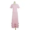 Vestido de Punto Hueco Estilo Verano con Cuello Redondo Ondulado, Mangas Cortas, Cintura Ceñida, Volantes Multicapa, Dulce Vestido de Pastel de Longitud Media