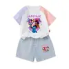 Conjunto de Camiseta de Manga Corta con Bloques de Color de Chica Bruja Kpop Girls, Nuevo Estilo de Verano para Niños Mayores, Conjunto de Verano con Shorts de Mezclilla