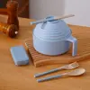 Tazón de Plástico de Paja de Trigo para Fideos Instantáneos de Alto Valor Portátil para Estudiantes Juego de Cinco Piezas con Cuchara, Tenedor y Palillos Tazón para Fideos Instantáneos con Tapa Vajilla