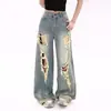 Jeans rasgados de design de rua americano 2026 para mulheres, novas calças de perna larga retas soltas emagrecedoras vintage de verão