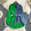 Transfronterizo Retro Estilo Hong Kong Elegante Cintura Ceñida con Cinturón Camisa de Mezclilla a Juego de Color Primavera Nuevo Chi Casual Top Largo
