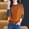 Nuevo Estilo Primavera y Otoño 2025 Suéter de Punto Elegante para Mujer con Cuello Redondo, Adelgazante, de Manga Larga y Bloques de Color para Figuras Pequeñas