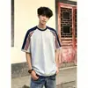Camiseta Patchwork Listrada Color Block Estilo Retro Americano Manga Curta 100% Algodão para Homens e Mulheres, Top Esportivo Casual Soltinho de Verão para Casais