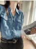 Elegante Novo Estilo Nacional Seda Macia e Ondulada Lapela V Botão Lasel Manga Longa Camisa Jeans Feminina Outono Novo