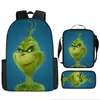 Monstruo de Pelo Verde Grinch Transfronterizo Nueva Mochila Escolar Mochila de Dibujos Animados Set de Tres Piezas Bolso Estuche para Lápices