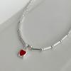Colar Pingente Coração Vermelho Pequeno com Contas Lua de Pedra da Lua Amor Prata Esterlina 925 Dongdaemun Coreano Elegante Doce