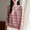 Manga Larga Raya Fresco Pequeño Floral Caída Suave Tencel Lyocell Versátil Tejido de Punto Cuello Redondo Capa Base Viaje