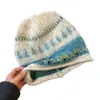 Gorro retro de punto con patrón jacquard de nicho y dobladillo enrollado para mujer, gorro cálido de punto para otoño e invierno, estilo casual, que cubre las orejas y la cabeza