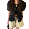 Ins Corea Dongdaemun 2026 Verano Nueva Ropa de Mujer Color Sólido con Cordones Cuello Redondo Mangas Cortas Tipo Linterna Ropa de Mujer