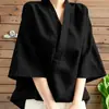 Nueva Camisa de Estilo Chino con Cuello en V Cruzado para Mujer, Verano Zen Holgada de Manga Tres Cuartos Elegante Ropa para Ceremonia del Té Top Hanfu